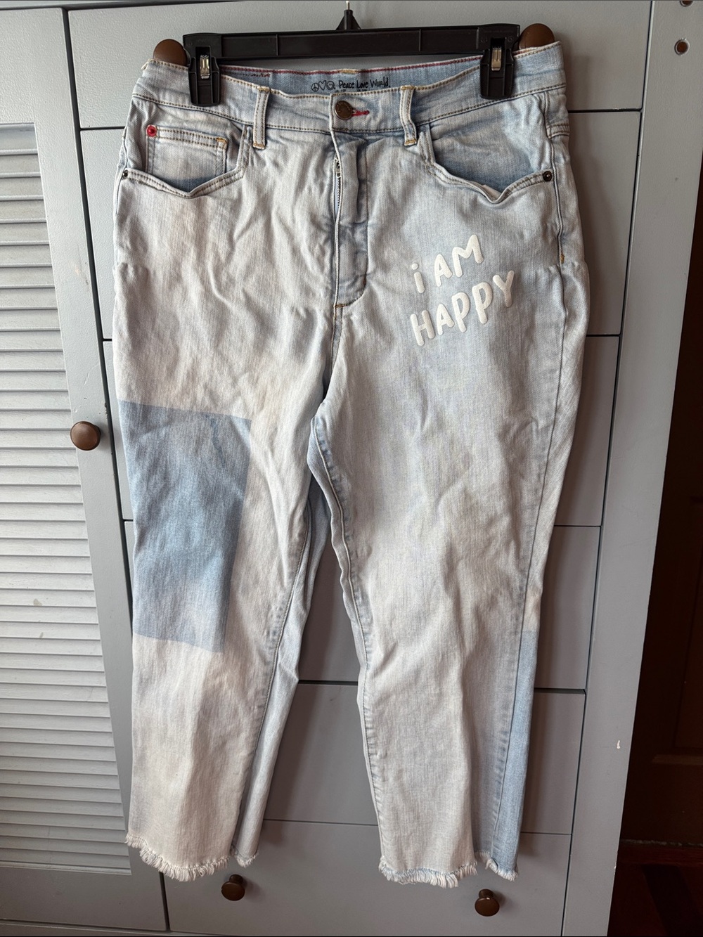 Peace Love World Light Blue Patchwork 'I AM HAPPY' Cropped Jeans